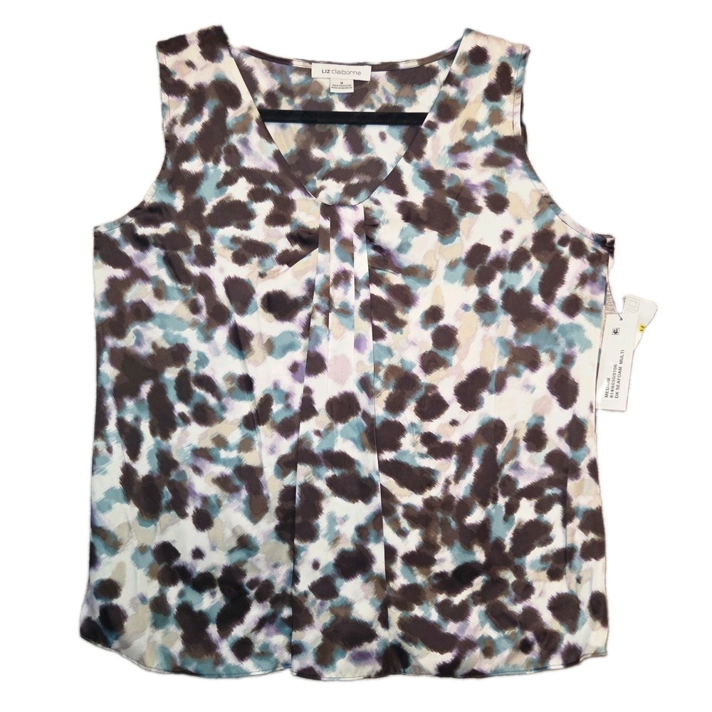 NWT Liz Claiborne Sleeveless Tank Blouse Medium Abstract Print Top Pleated Neck